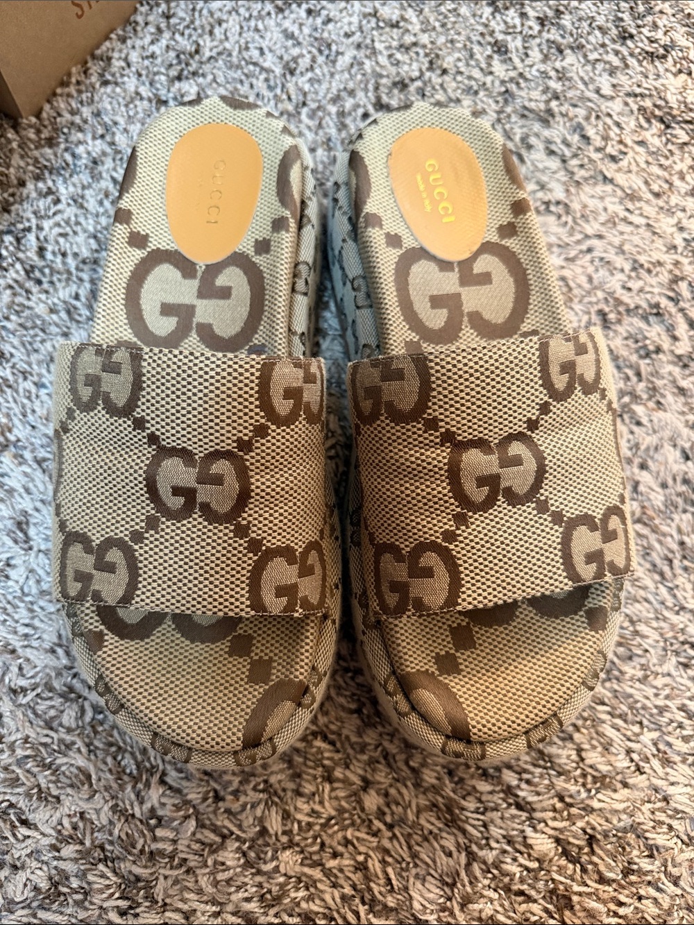 Gucci  Beige and Brown GG Canvas Slide Sandals good condition. Gently used